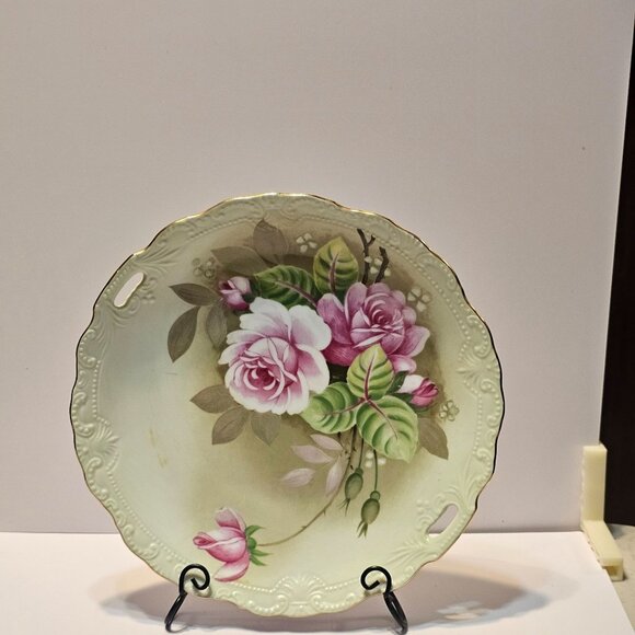 Vintage Lefton Green Heritage Hand Painted Handled Plate #05858 From 1987 Japan - Picture 4 of 7